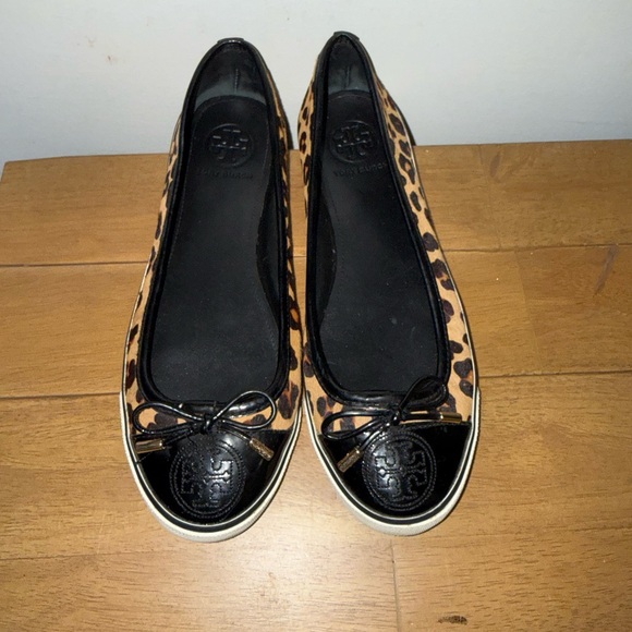 Tory Burch Black and Tan Leopard Flats Size 7.5